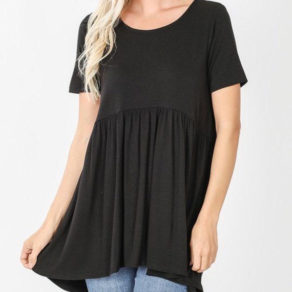 Baby Doll Brushed Waist Sheering Top, Black - Picture 1 of 1